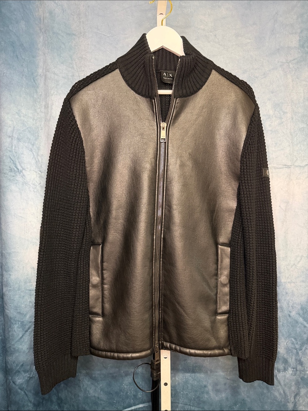 A/X Armani Exchange Black Leather-Front Knit Zip-Up Sweater Size Medium